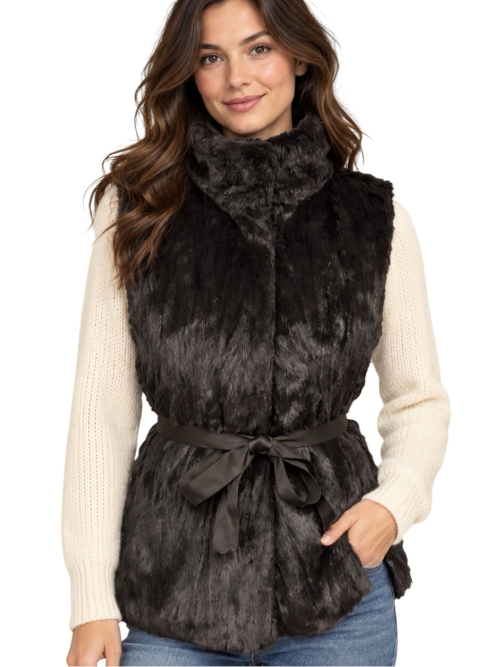 Banana Republic Faux Fur Vest with Ribbon Belt in Espresso Brown XL